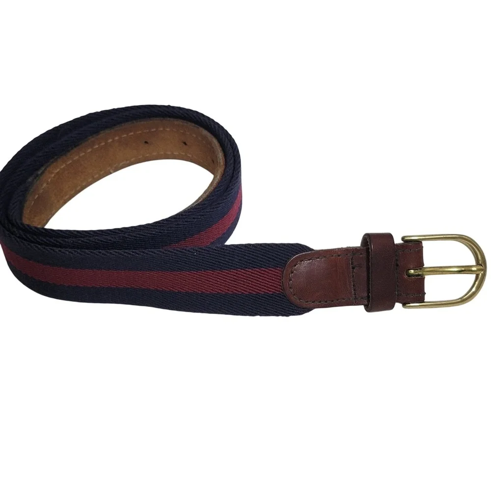 Mens Navy Burgundy Striped Wool Surcingle Belt Leather Solid Brass Buckle Sz 34